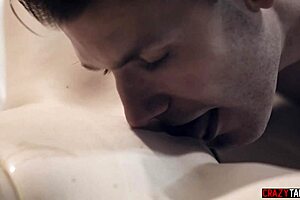 Stepmom says to her teen stepson, Let me give you a quick blowjob to help out. She licks and sucks while he enjoys the taboo shaved pussy cunilingus.