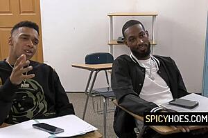 Curvy milf teacher Kenzie Love experiences intense session with two black studs in classroom setting