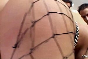 Blonde bitch in fishnet stockings gets double anal penetration and deep big dick group sex.
