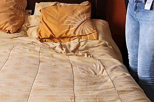 Stepmom gets great cumshot on her wonderful ass in jeans. Two cameras capture the lingerie flashing and curvy body.