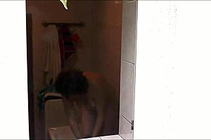 Neighbor guy watches my sexy mature wife shower naked outdoors with handjob.