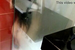 under the shower this latina milf with huge natural tits and big nipples bathed sensually in homemade video