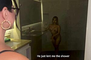 caliente milf latina with round tits hints at eating curvy blonde's wet pussy and huge ass in steamy bathroom lesbian encounter