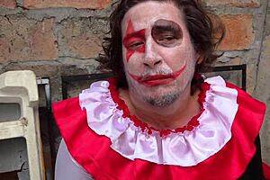 Clown joins two busty and curvy women for a Halloween celebration with costumes and music from Lying Eyes.