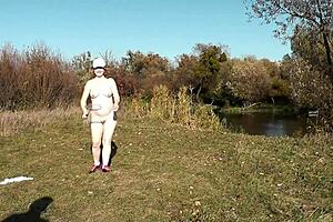 autumn sport cute milf mature sexy frina strips naked and learns play badminton with lover naked in public publicly outdoors outside big ass butt perfect boobs big natural tits pussy doggy style