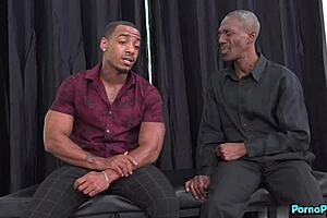 curvy milf brooklyn chase handles two big black dicks with blowjob and doggystyle while her cuckold watches in fishnets.