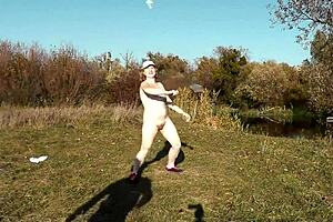 autumn sport cute milf mature sexy frina strips naked and learns play badminton with lover naked in public publicly outdoors outside big ass butt perfect boobs big natural tits pussy doggy style