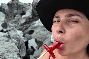 hey, check this stepmom sucking candy on the beach before deepthroating her stepson's huge cock 😏🍭🏖️