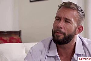 Wife and husband are spit roasting their blonde best friend in a hot session.