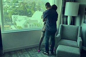 Euro Step Mom Rides Big Cock Cowgirl Missionary in Shared Hotel Bed with Brunette Ass Taboo