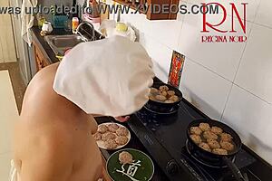 Nudist housewife Regina Noir naked cooking in kitchen