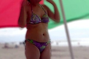 Real cuckold husband, you see this huge load on my wife on the beach? She shows off and masturbates for all!