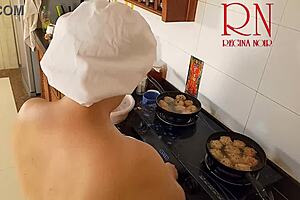 Nudist housewife Regina Noir naked cooking in kitchen