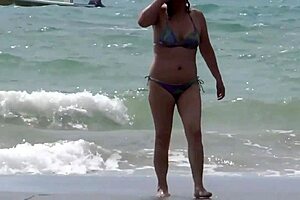 Real cuckold husband, you see this huge load on my wife on the beach? She shows off and masturbates for all!
