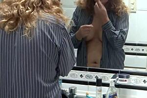 Beautiful stepmother contrasts erotic touching of her hairy pussy and big ass while making cock hard in lingerie voyeur scene