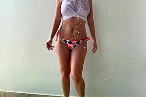 wet t-shirt clings to massive wife tits in public compilation