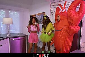 Halloween cosplay threesome ignites fiery passion