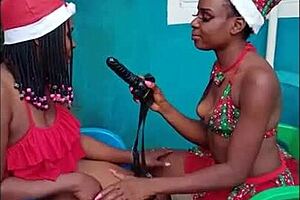 Female santa squirts from lesbian fingering orgasm