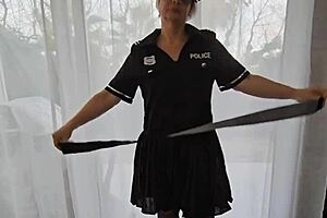 mature beauty strips halloween uniform in solo lingerie tease