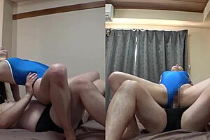 Japanese milf slips into daughter's school swimsuit for creampie