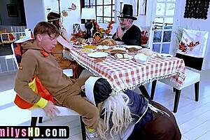 Stepdad's Big Toe Penetrates Pussy Under Table Sparks Family Orgy Thanksgiving!