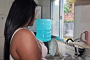rabuda latina milf handles kitchen duties with her big ass and tits flashing