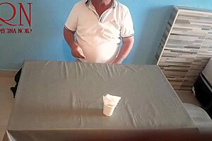 Naked waitress serves from her navel as restaurant guest devours the curvy milf maid.