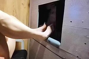 my first dominating footjob on small cock at gloryhole ends in sloppy cumshot redcatsroom feels amazing