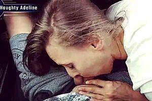 Naughty Adeline's sloppy car blowjob ends with cum mouthful from her pretty neighbor wife.