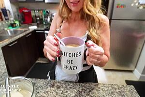 mature stepmom kneels under breakfast table slurping stepsons throbbing cock pov