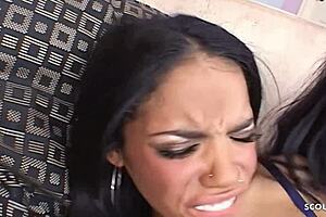 Two ebony sluts saggy tits gag on first bbc threesome pounding!