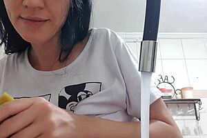 sexy latina maid washes dishes with huge tits bouncing out