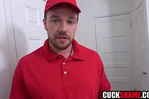 Cuck Hubby Watches Wife Take Delivery Boy Cock