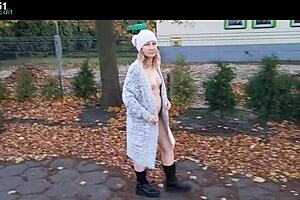 Amateur milf flashes natural tits outdoors stripping