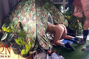 Stranger pounds nudist lady pussy at nature camp