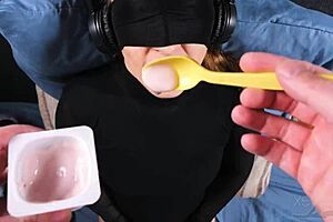 her turtleneck and pretty face drip with cum and yogurt in wild new taste game