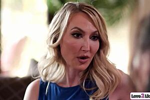 Stepmom fingers petite stepdaughter's shaved pussy in front of guest