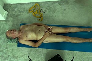 guy strokes hard during steamy yoga session in the bedroom