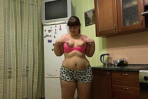 curvy bbw housewife dildos hairy pussy to orgasm in kitchen