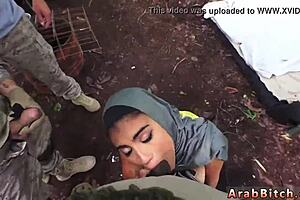 Blonde milf gives outdoor blowjob in army uniform setting