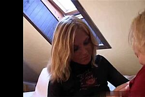 Blonde milf lesbians play with huge natural tits together