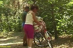 71-year-old granny takes rough biker pounding outdoors