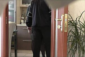 Sexy blonde milf wife calls neighbor to kitchen while husband away for doggy pussy fuck on bed