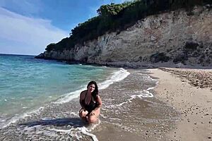 wanna join curvy stepmom flashing hairy pussy on public beach?