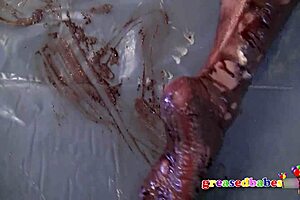 busty granny dana hayes drenches big ass in messy chocolate cake