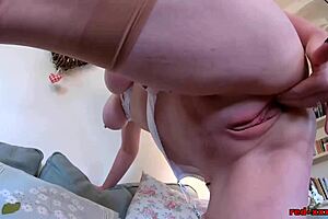 Mature Redhead Babe Stuffing Pantyhose in Shaved Pussy