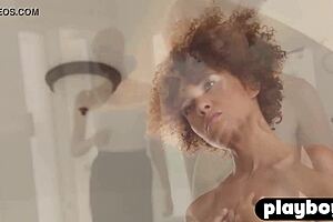 Curly ebony model strips sexy body tease small tits 🔥🍑