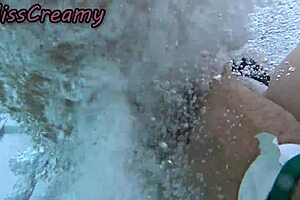 French milf flashes shaved pussy to student at public pool then masturbates