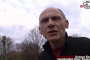 Horny German grandpa asks curvy housewife for street sex