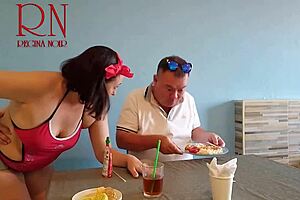 Does naked waitress let restaurant guest eat from her navel?